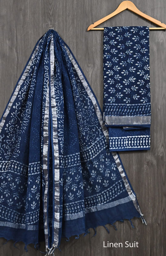 Indigo Blue Pure Linen Cotton Suit Dabu Handblock Print