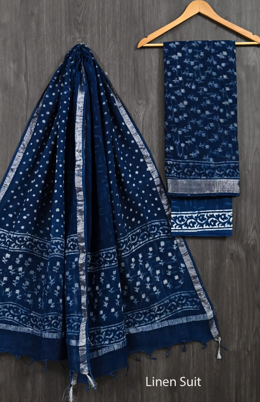 Indigo Blue Linen Cotton Suit Traditional Dabu Floral