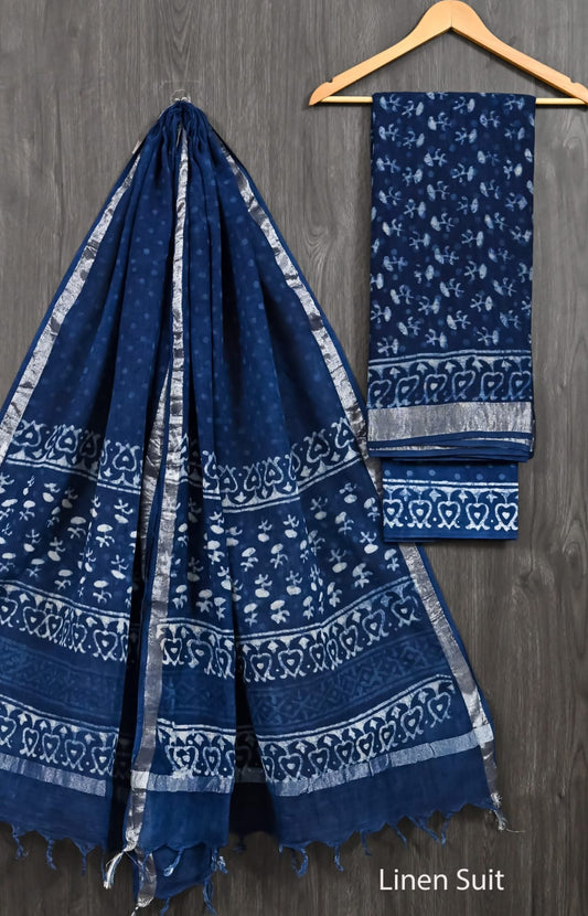 Indigo Blue Linen Cotton Suit Dabu Artisan Vine Print