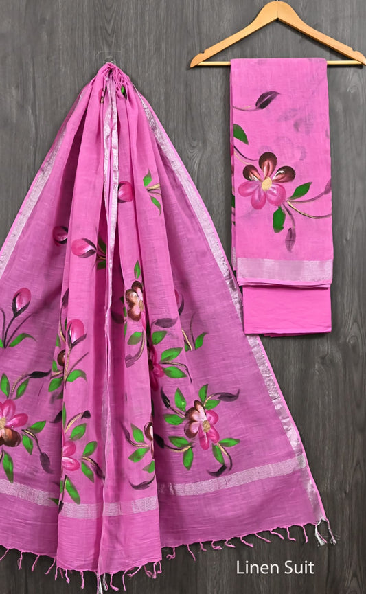 Hand Painted Pure Linen Cotton Suit Signature Floral Design