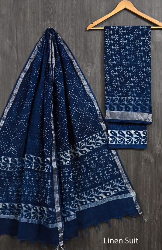 Indigo Blue Pure Linen Cotton Suit Heritage Dabu Motif