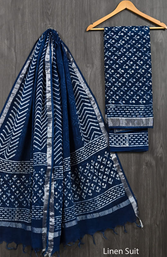 Indigo Blue Linen Cotton Suit Classic Dabu Buti Design