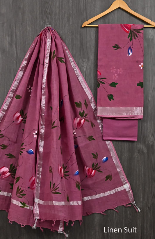Hand Painted Pure Linen Cotton Suit Floral Vine Artwork