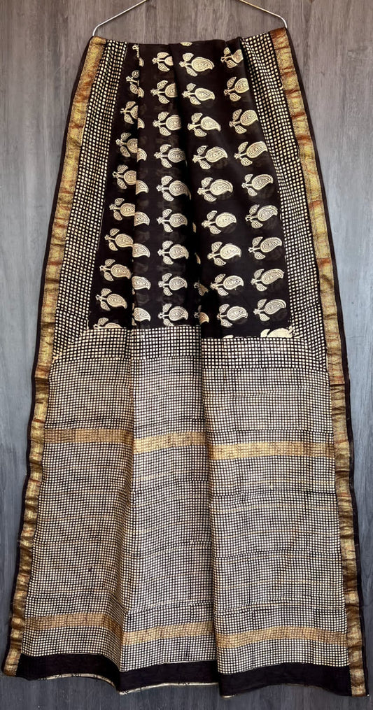 Pure Maheshwari Silk Saree Bagru Artisan Floral Vine