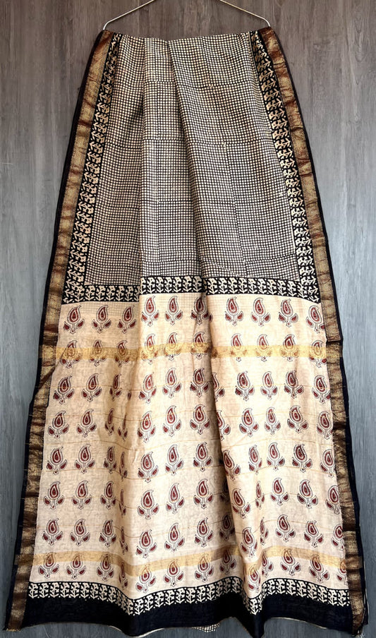 Pure Maheshwari Silk Saree Classic Bagru Handcrafted Motif