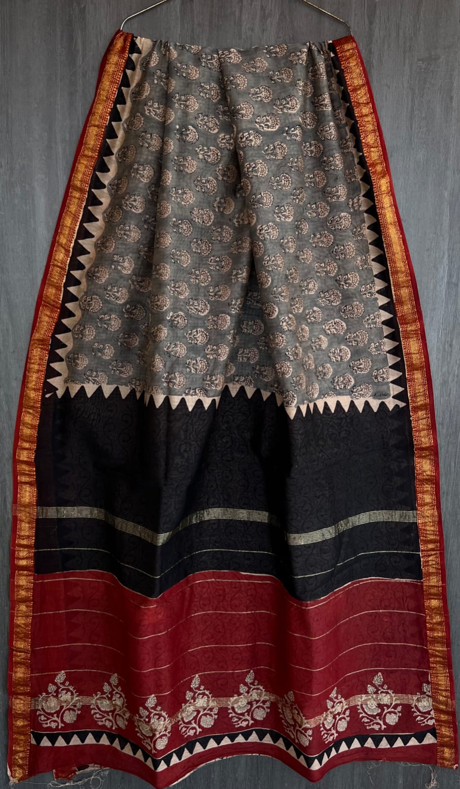 Pure Maheshwari Silk Saree Ethnic Bagru Jaal Pattern