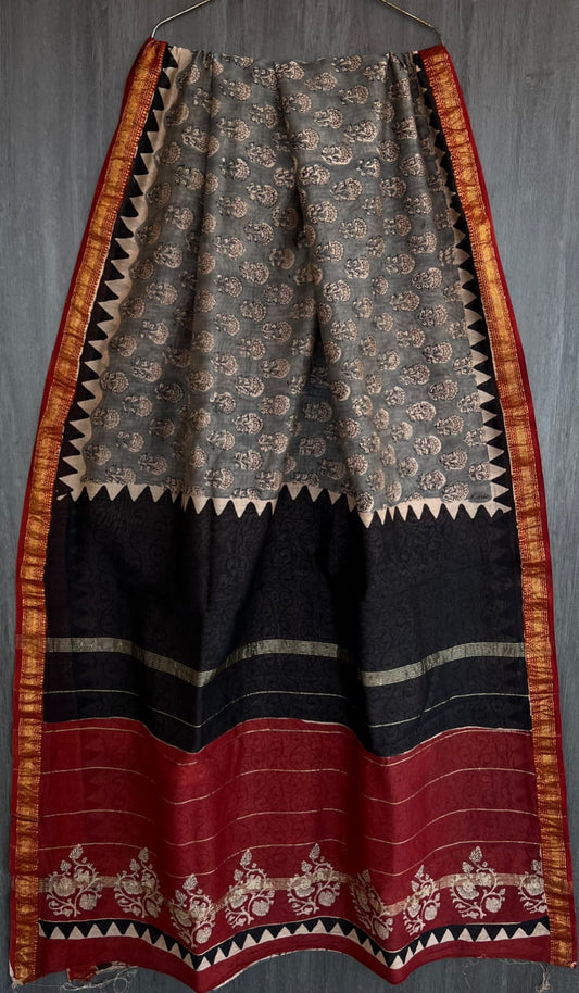 Pure Maheshwari Silk Saree Ethnic Bagru Jaal Pattern