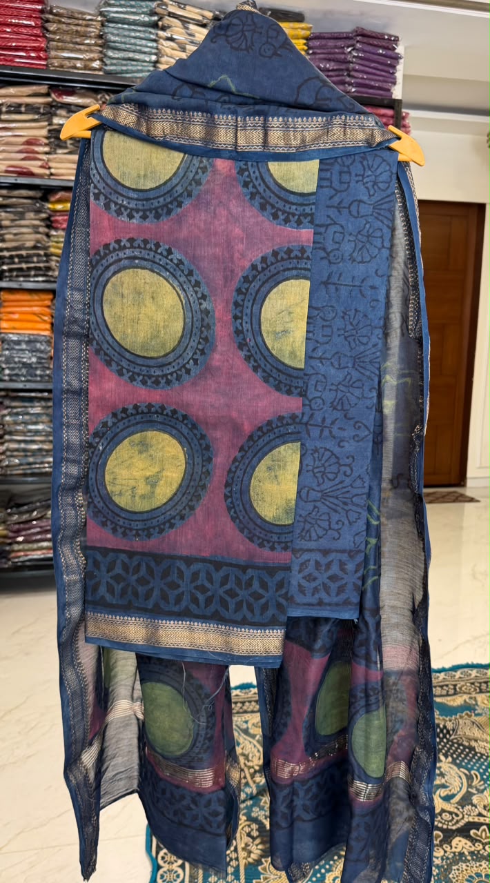 Pure Maheshwari Silk Suit Elegant Pomegranate Dye Jaal