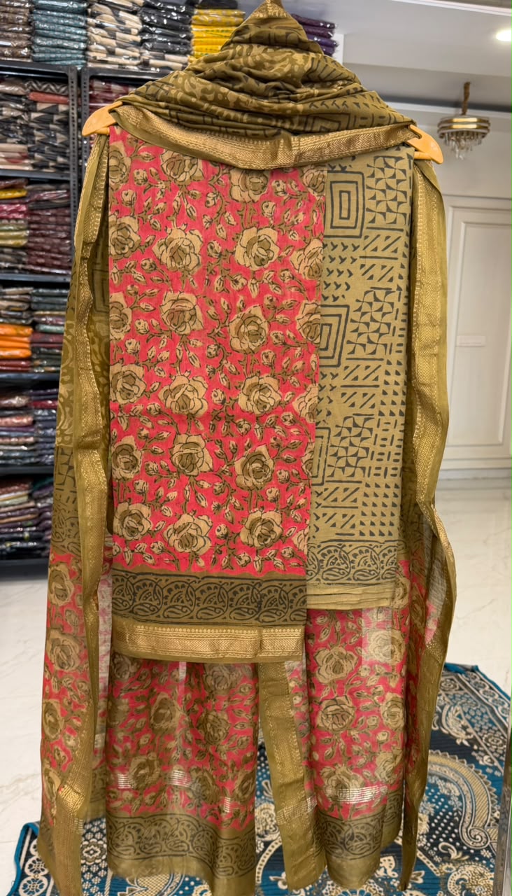 Pure Maheshwari Silk Suit Premium Pomegranate Dye Floral Trail