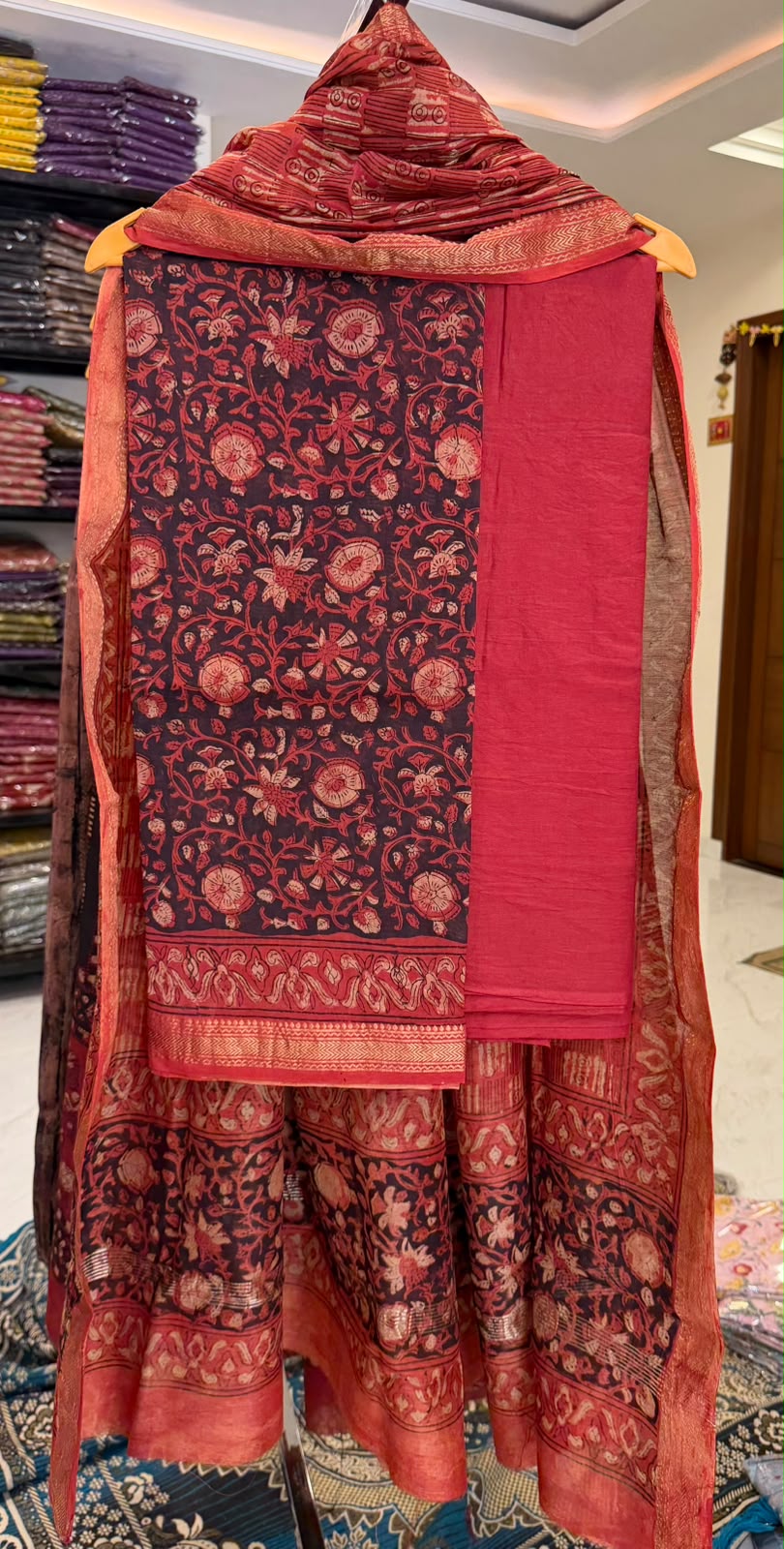Black Red Maheshwari Silk Suit Traditional Ajrakh Print
