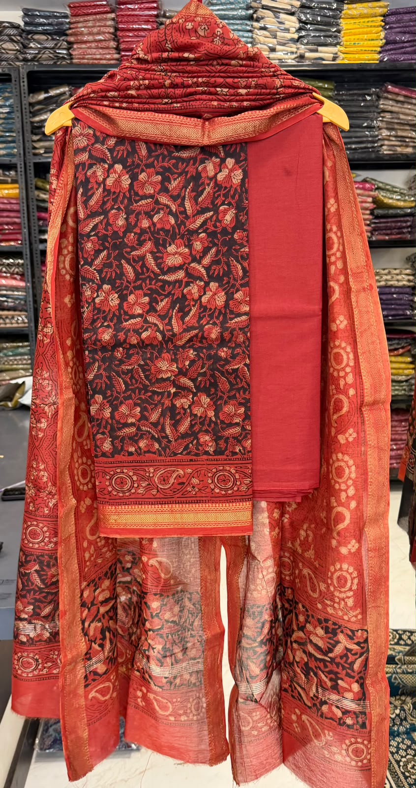 Red Black Maheshwari Silk Suit Classic Ajrakh Floral Print