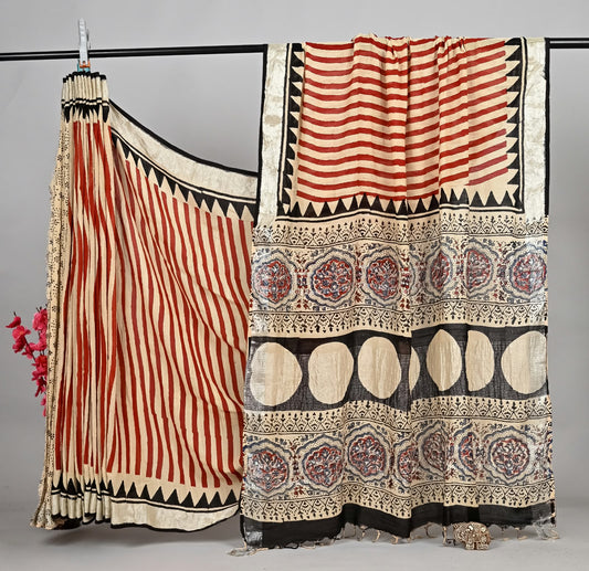 Regal Bagru Artisan Linen Cotton Saree