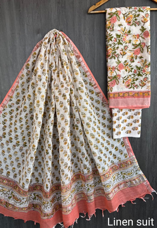 Majestic Sanganeri Block Print Linen Cotton Suit white And pech
