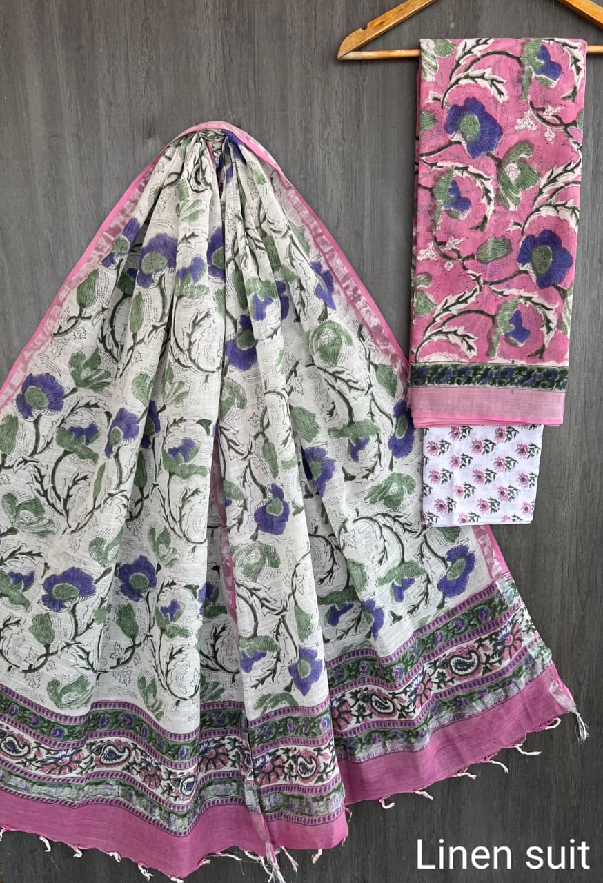 Elegant Sanganeri Print Linen Cotton Suit Pink