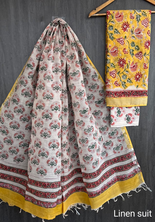 Timeless Sanganeri Traditional Linen Cotton Suit Yellow