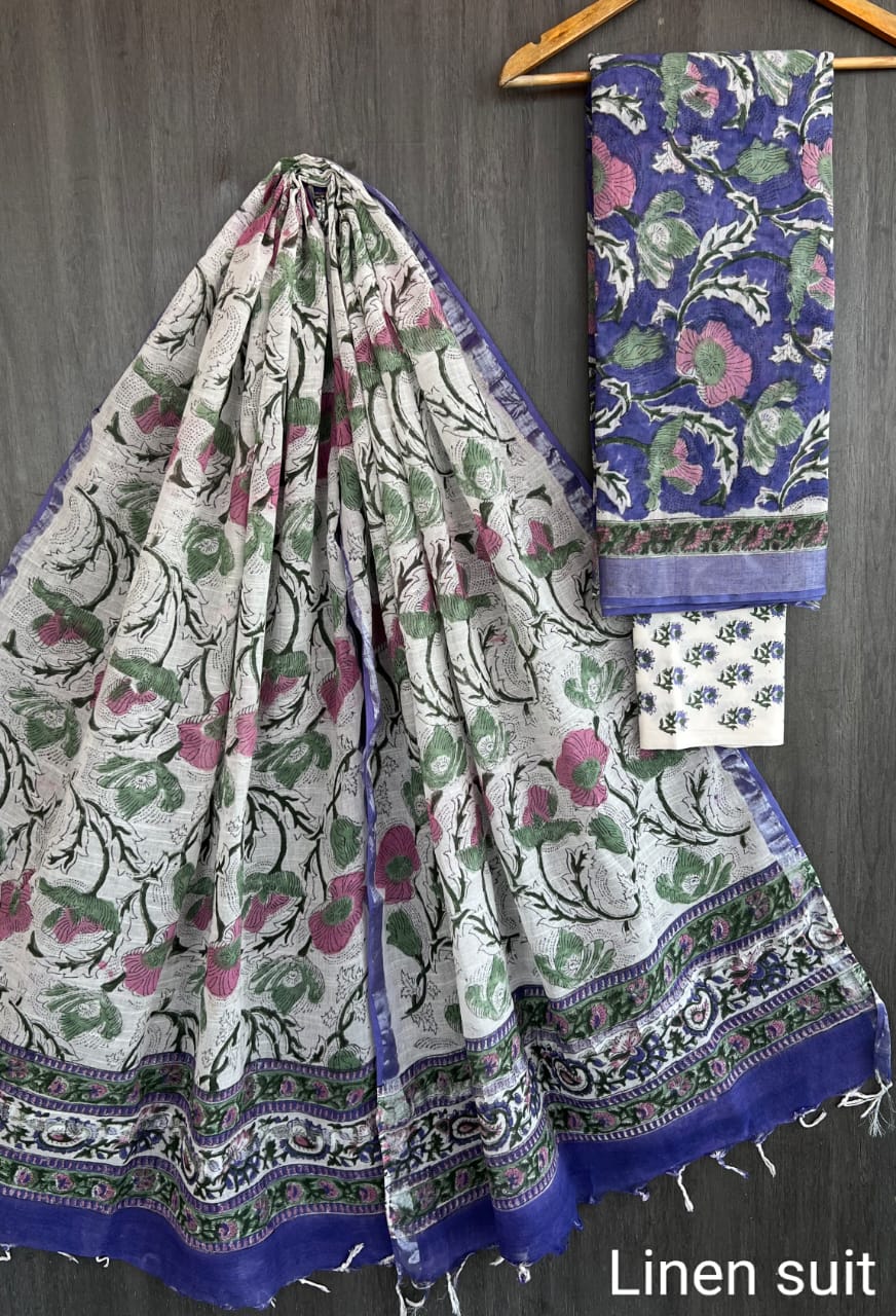 Exquisite Sanganeri Printed Linen Cotton Suit Purple