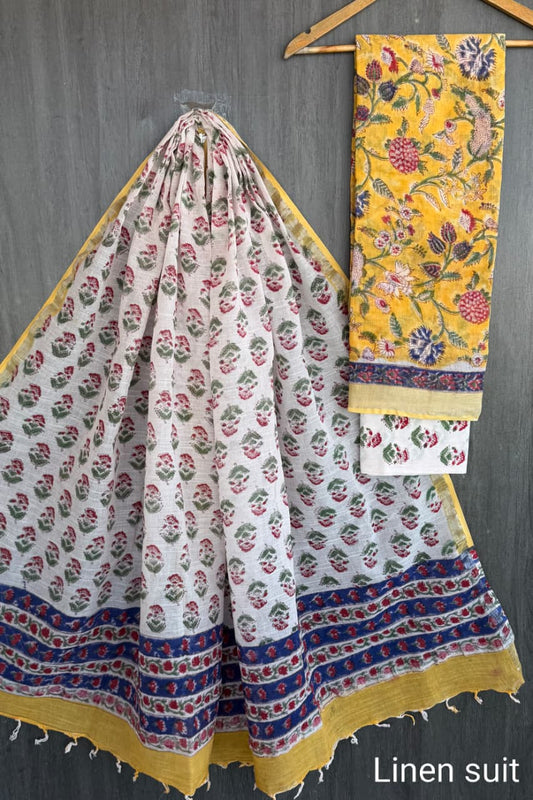 Graceful Sanganeri Handcrafted Linen Cotton Suit Yellow and Purple