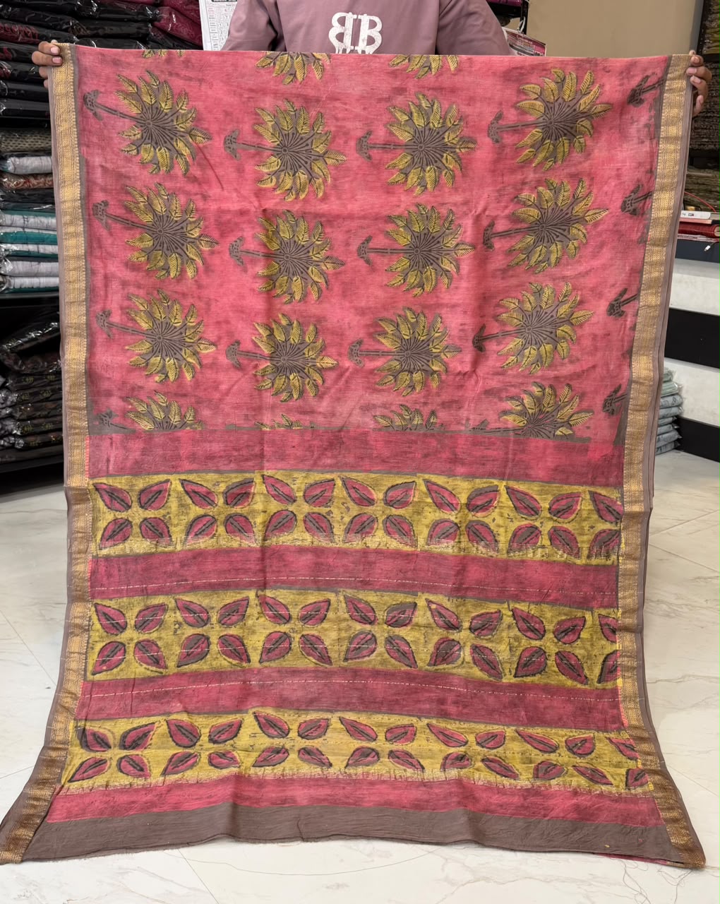 Red And Yellow Pomegranate Pure Maheshwari Silk Saree