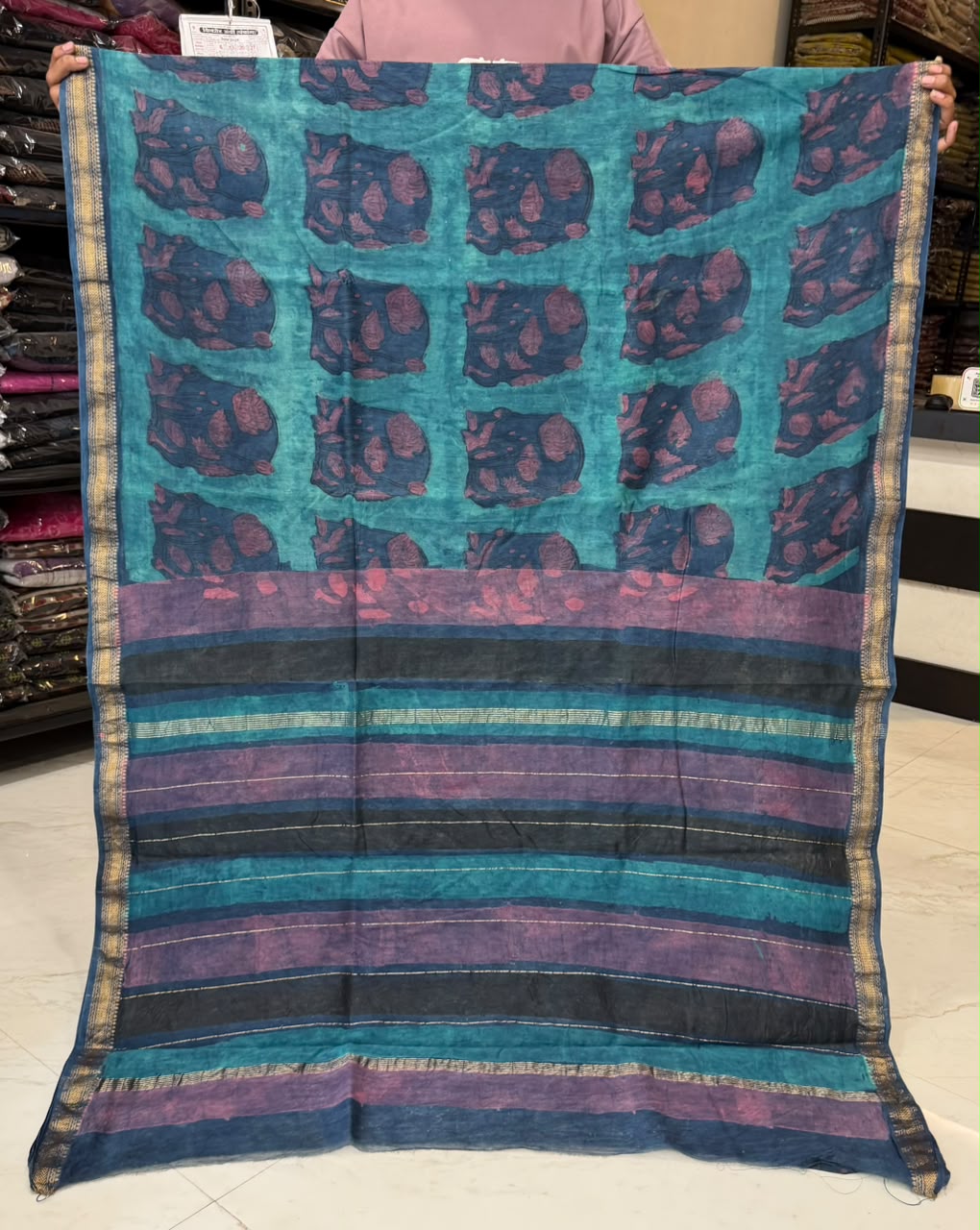 Blue And Purple Pomegranate Pure Maheshwari Silk Saree