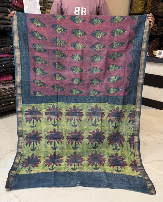 Pink And Yellow Pomegranate Pure Maheshwari Silk Saree