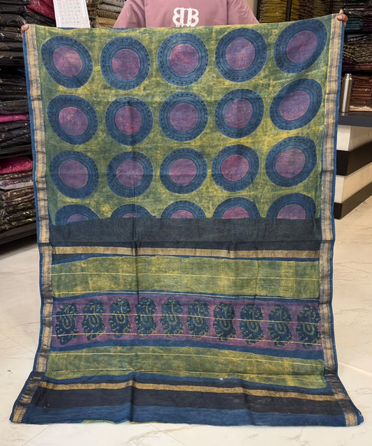 Yellow And Purple Pomegranate Pure Maheshwari Silk Saree