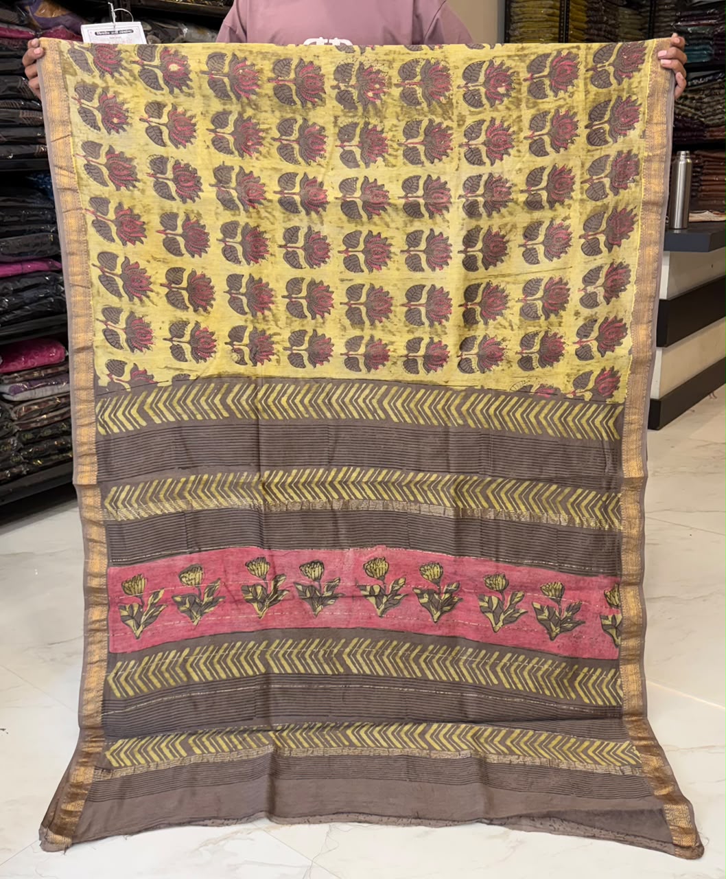 Yellow And Browan Pomegranate Pure Maheshwari Silk Saree