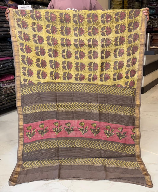 Yellow And Browan Pomegranate Pure Maheshwari Silk Saree
