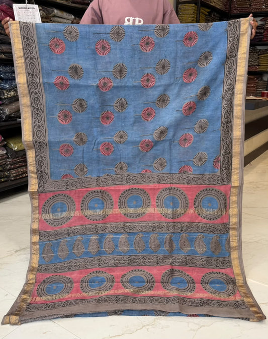 Blue And Orange Pomegranate Pure Maheshwari Silk Saree