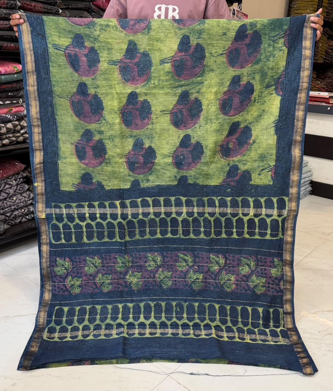 Green And Blue Pomegranate Pure Maheshwari Silk Saree