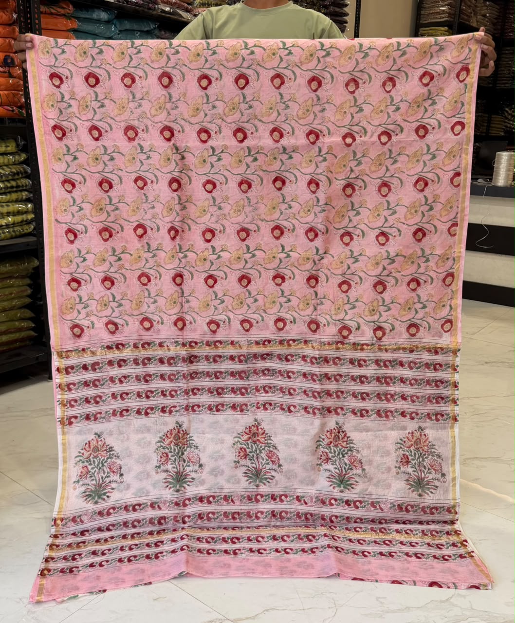 Artistic Sanganeri Handprinted Chanderi Silk Saree