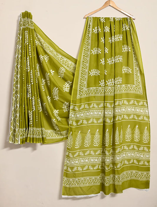 Green Discharge Handprinted Cotton Saree