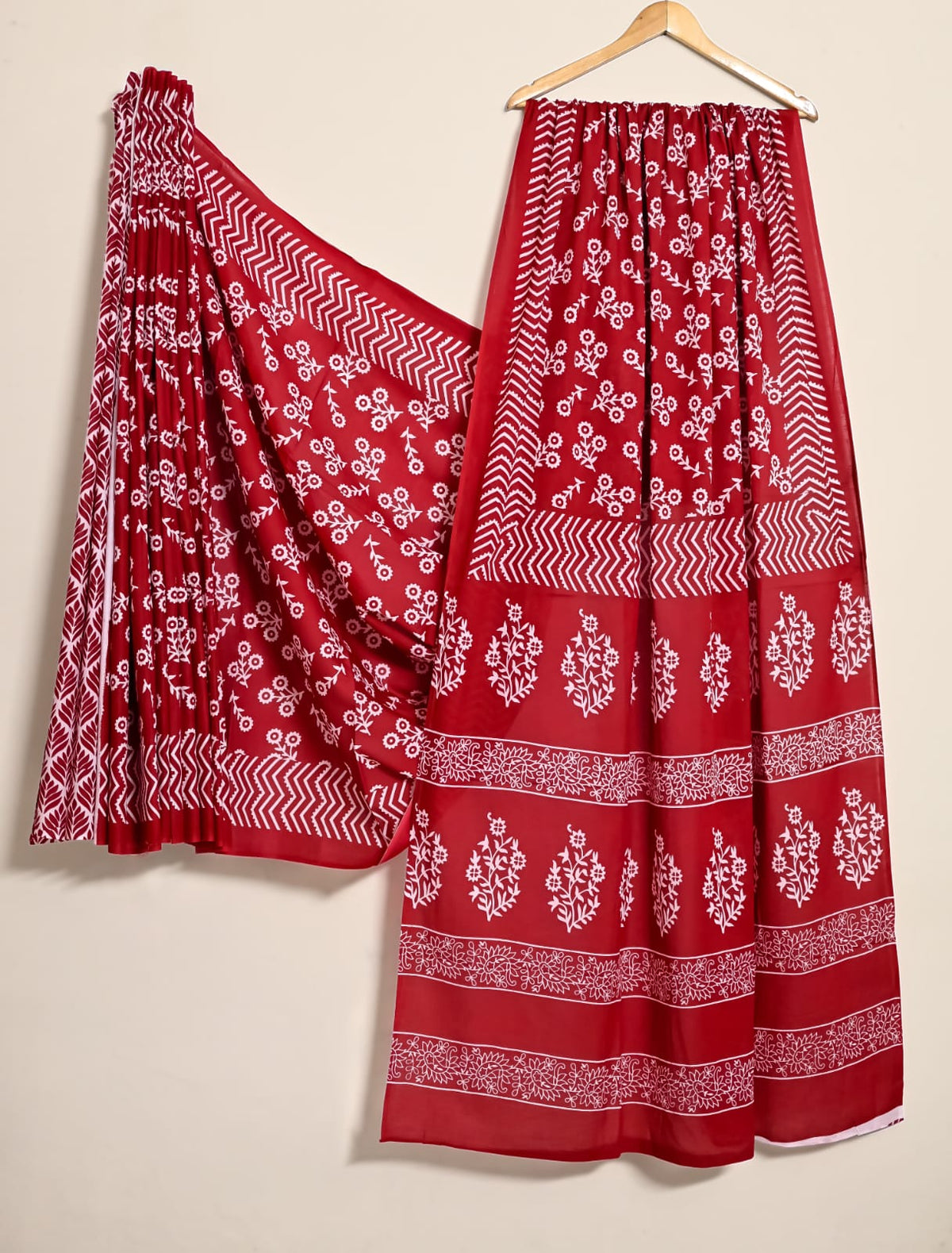 Red Discharge Handblock Cotton Saree