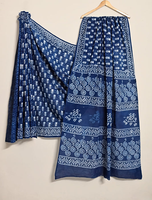 Deep Indigo MN Bagmeri Handblock Cotton Saree