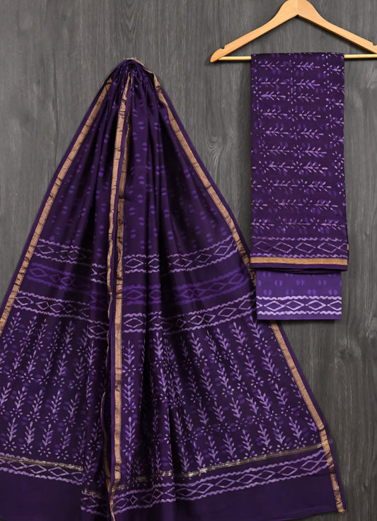 Dark Purple Dabu Print Chanderi Silk Suit
