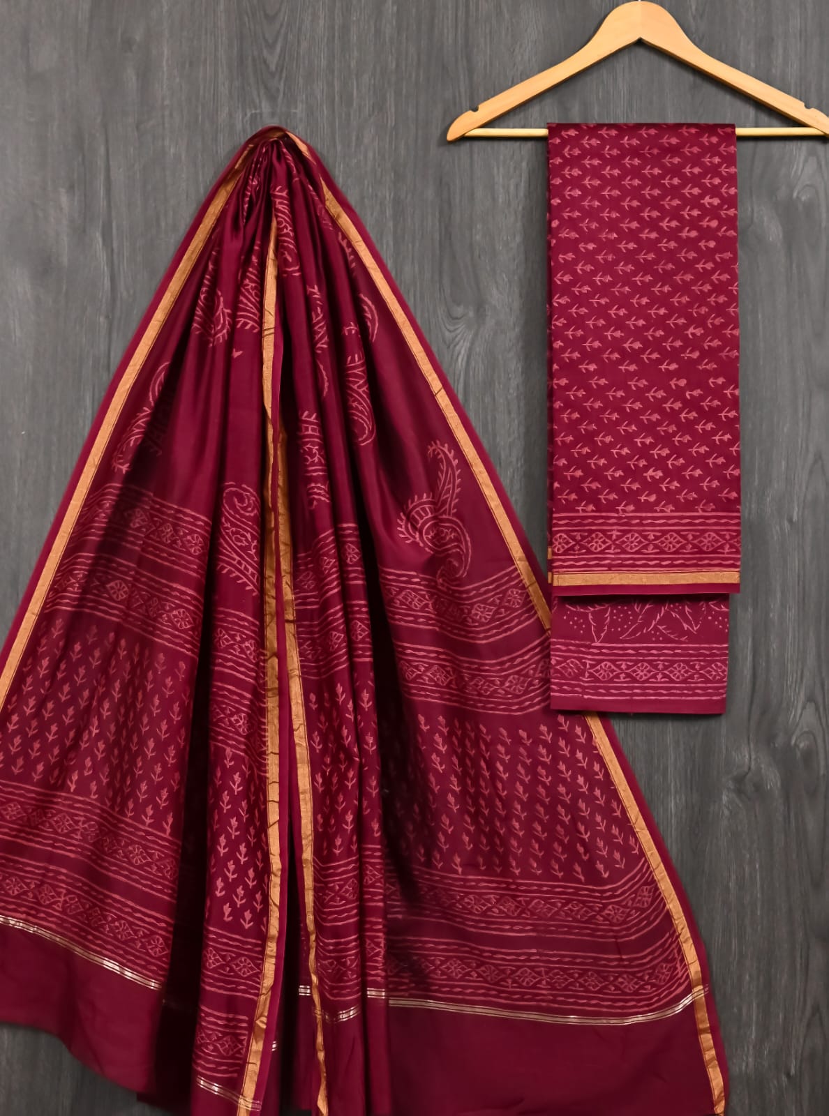 Maroon Discharge Print Chanderi Silk Suit