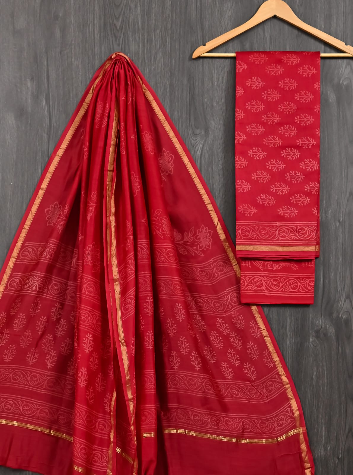 Red Discharge Print Chanderi Silk Suit