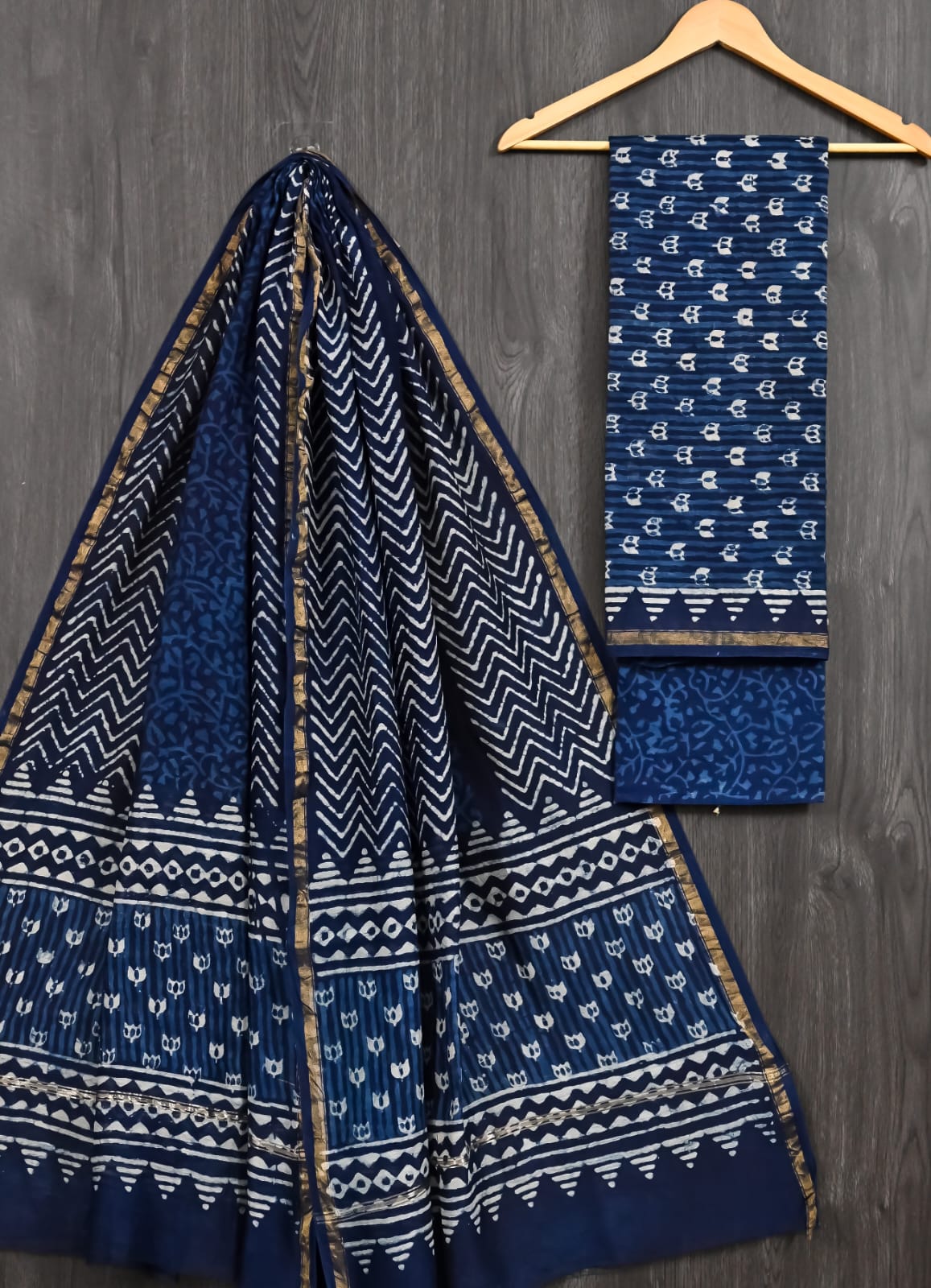 Indigo Blue Dabu Print Chanderi Silk Suit