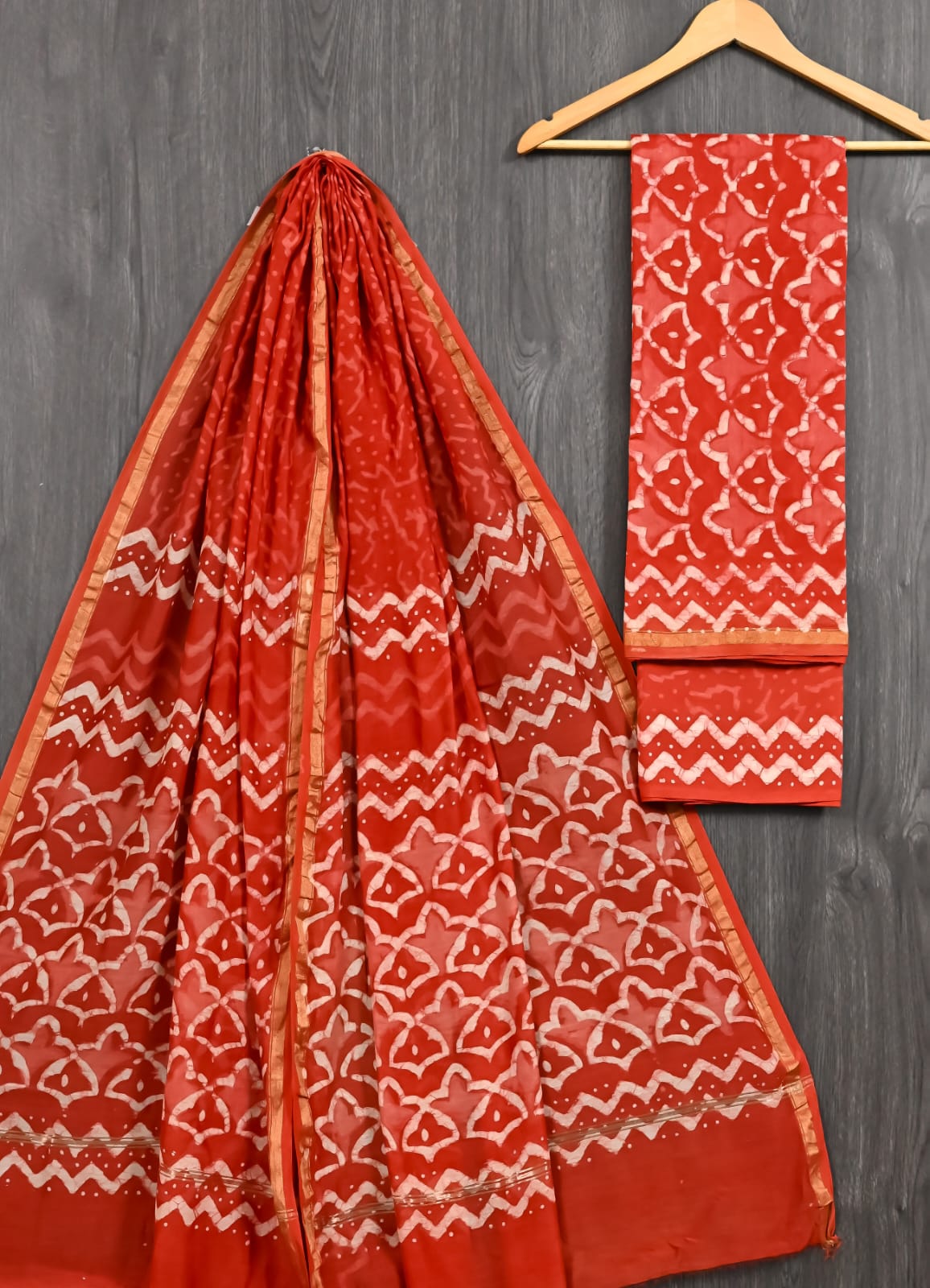 Red Dabu Print Chanderi Silk Suit