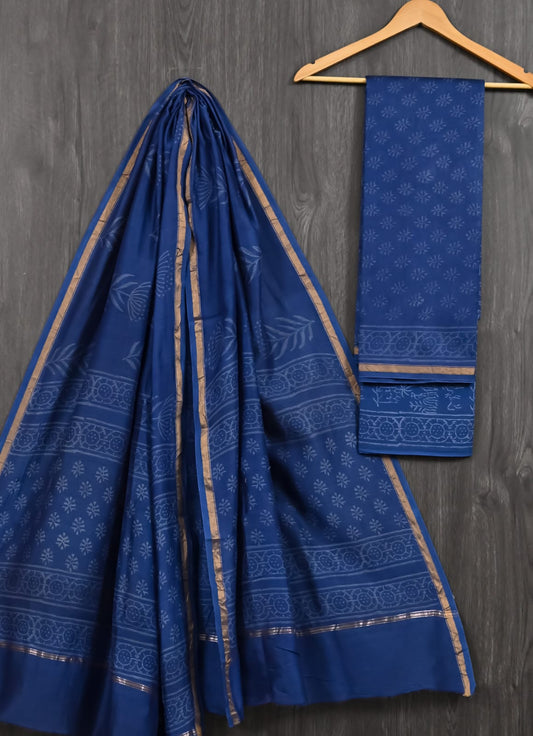 Royal Blue Discharge Print Chanderi Silk Suit