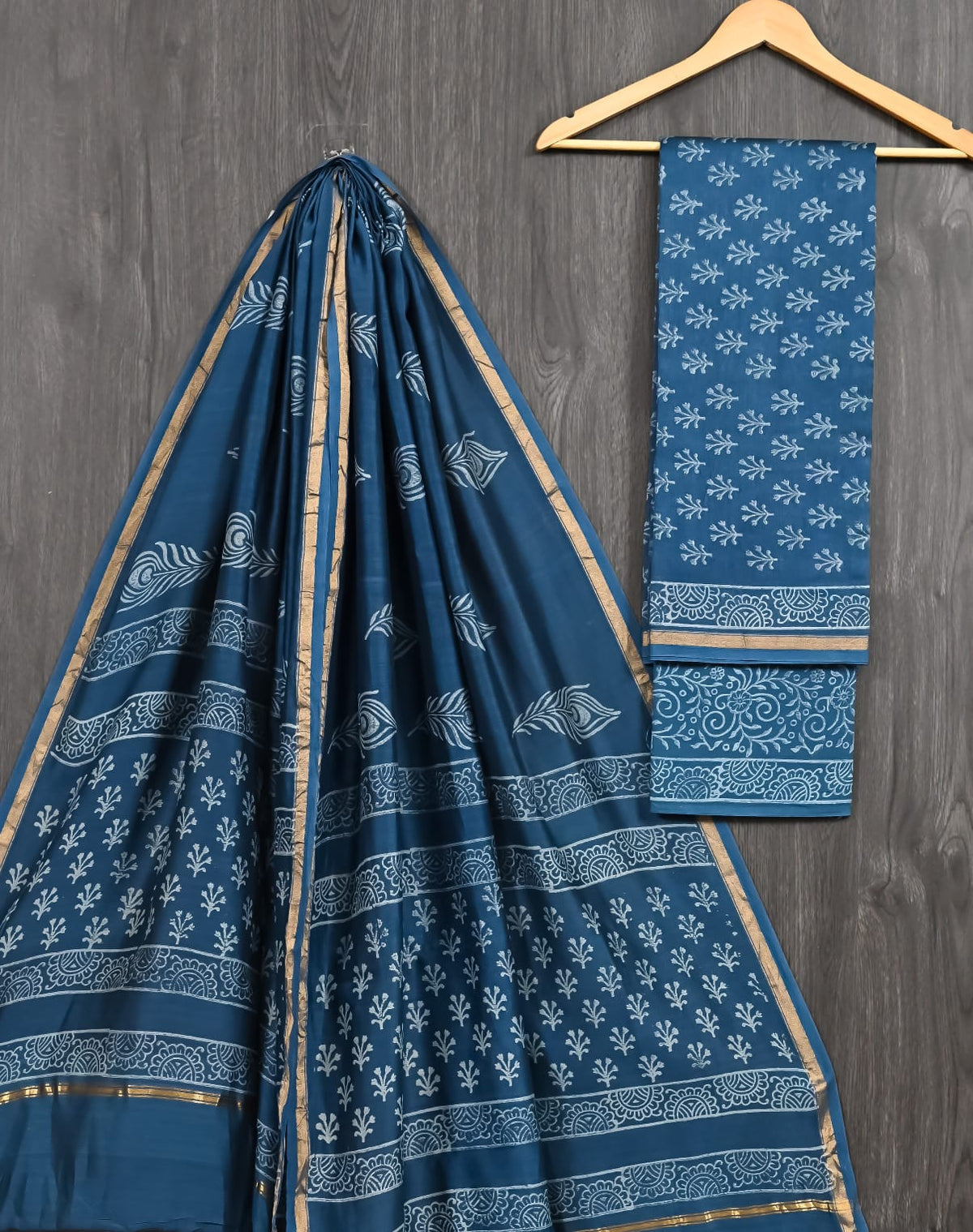 Teal Blue Discharge Print Chanderi Silk Suit