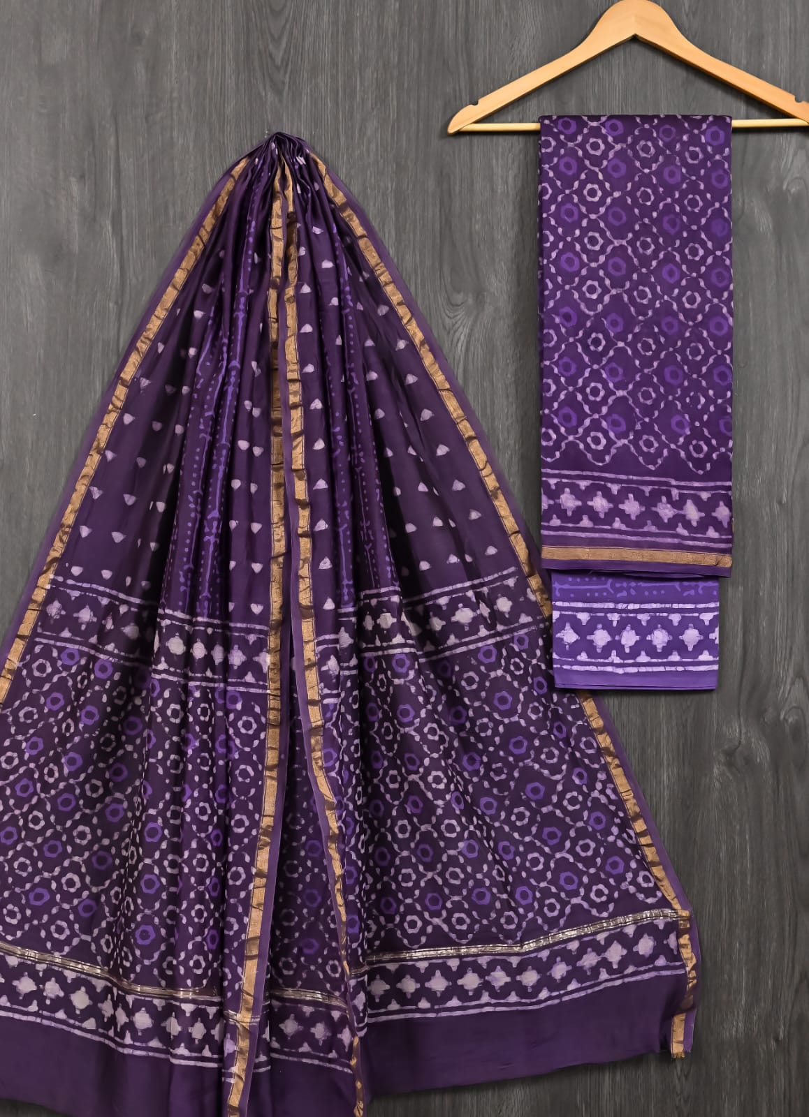 Purple Dabu Print Chanderi Silk Suit