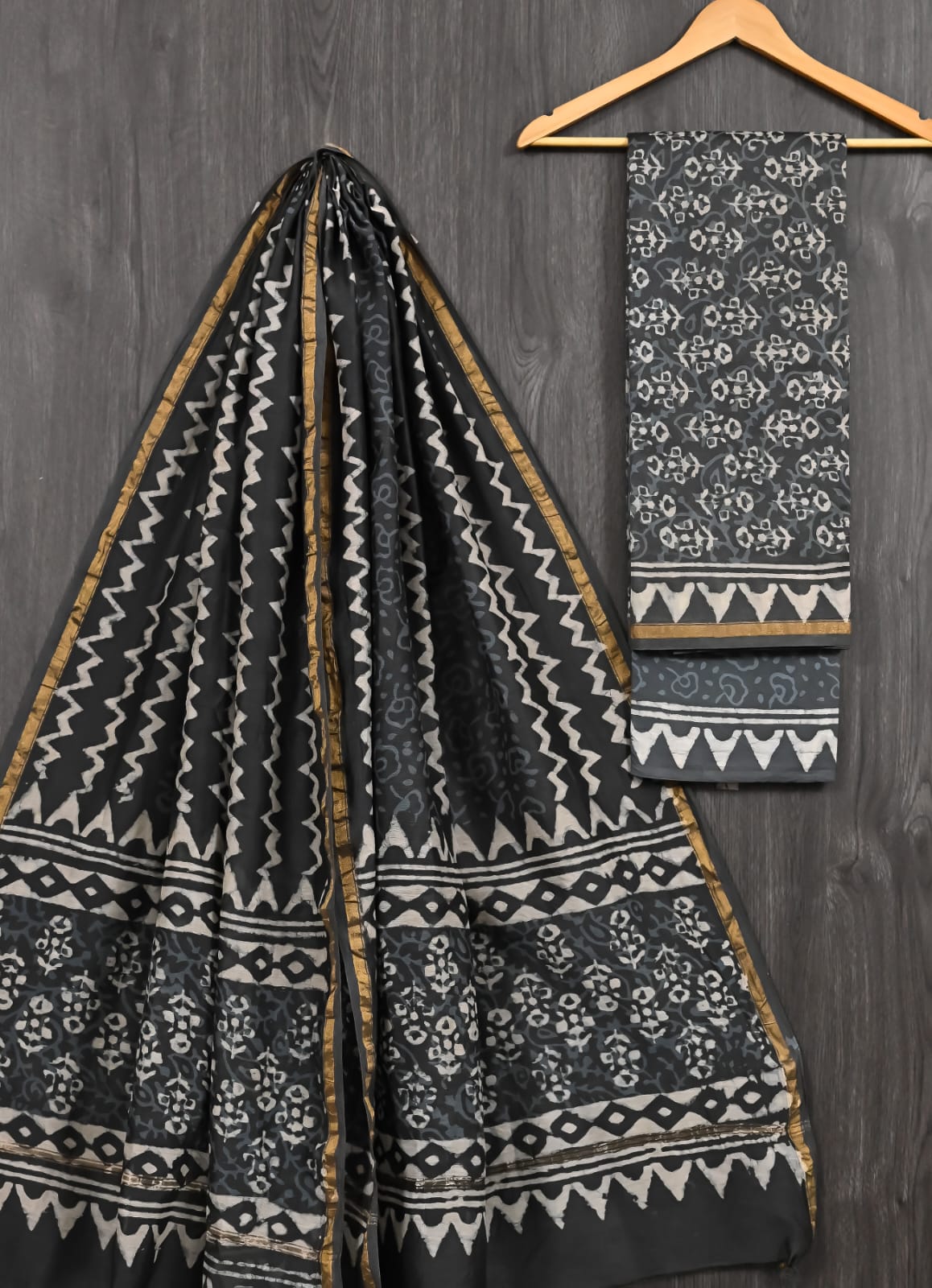 Gray Dabu Print Chanderi Silk Suit