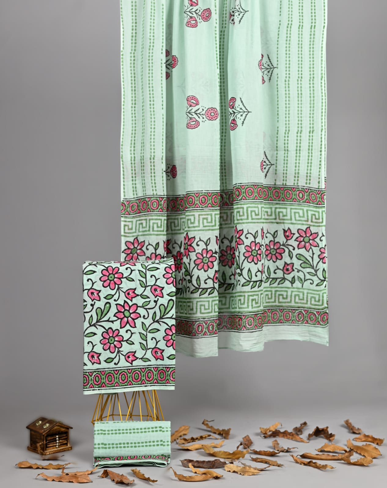 Sea Green Handblock Floral Cotton Suit Set