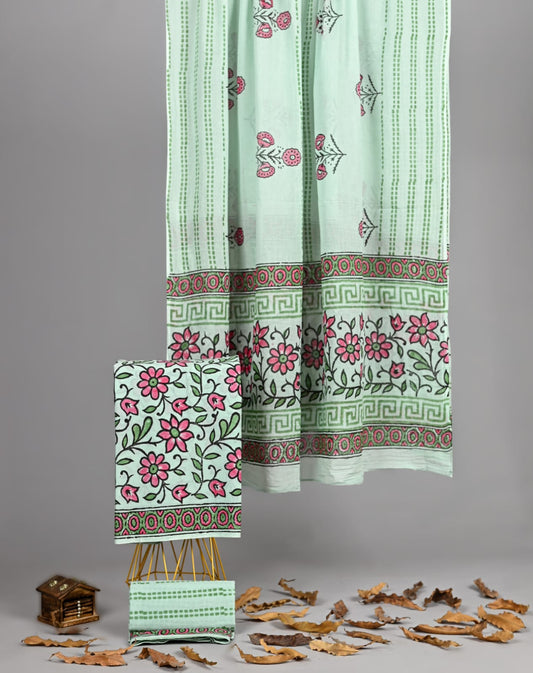 Sea Green Handblock Floral Cotton Suit Set