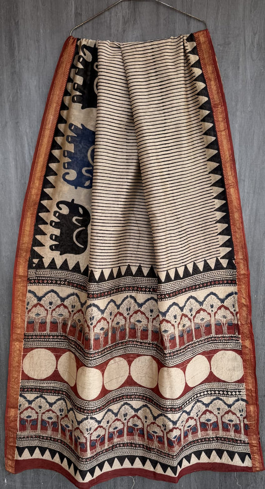 Artisan Bagru Print Pure Silk Maheshwari Saree