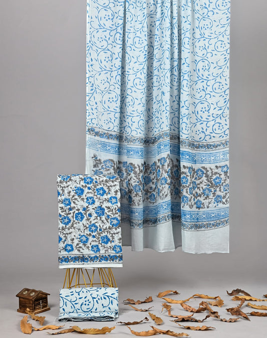 White Blue Cotton Suit Sanganeri Handblock Print