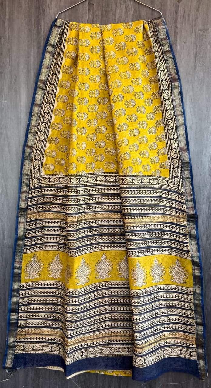 Traditional Bagru Art Maheshwari Silk Saree