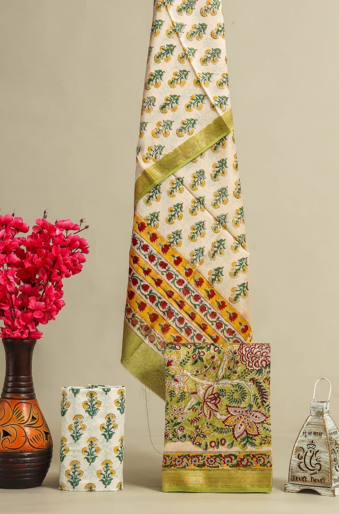Pure Maheshwari Silk Suit Timeless Sanganeri Floral Trail