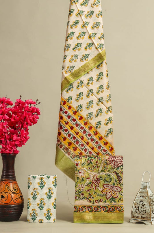 Pure Maheshwari Silk Suit Timeless Sanganeri Floral Trail