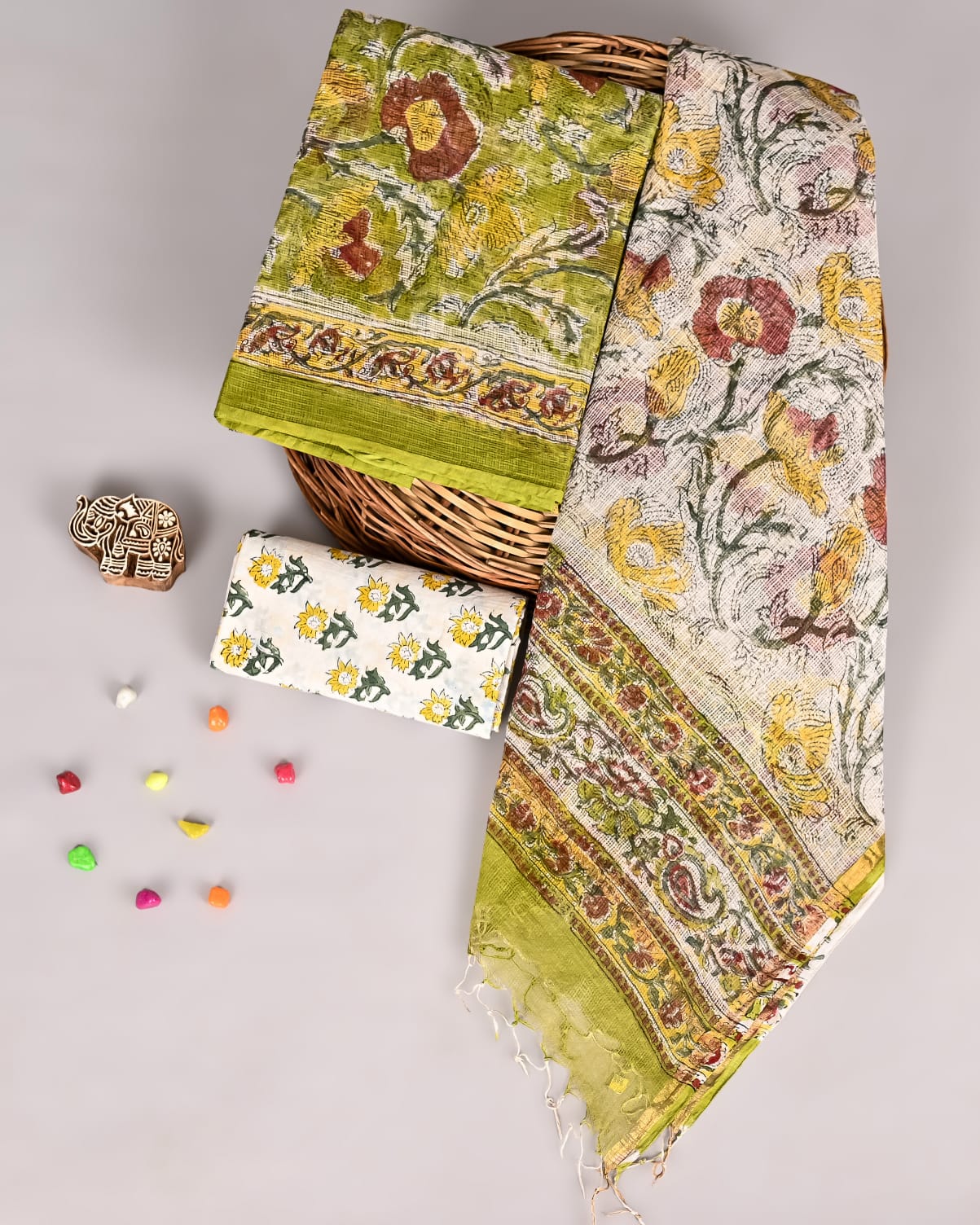 Olive Floral Sanganeri Kota Doriya Suit